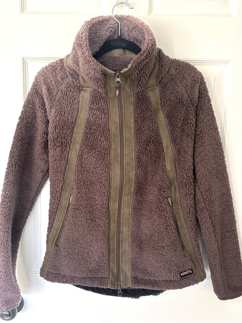 Equestrian Kerrits Plush Brown Teddy Sherpa Fleece Jacket with Olive Trim